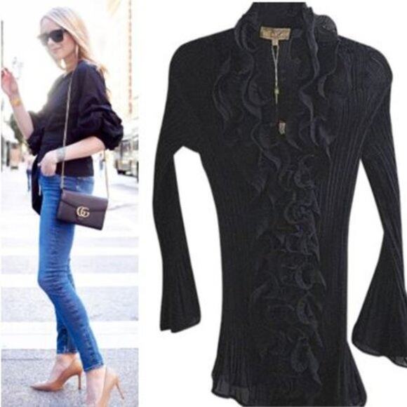 Kataya Tops - Kataya Ruffles Blouse Sz L Blacl Long Bell Sleeves Mod Pleates Office Chic